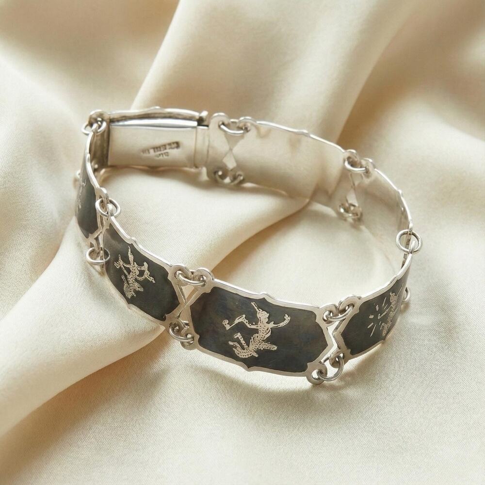 1940s Siam Sterling Silver Niello Mekkala Goddess Panel Bracelet